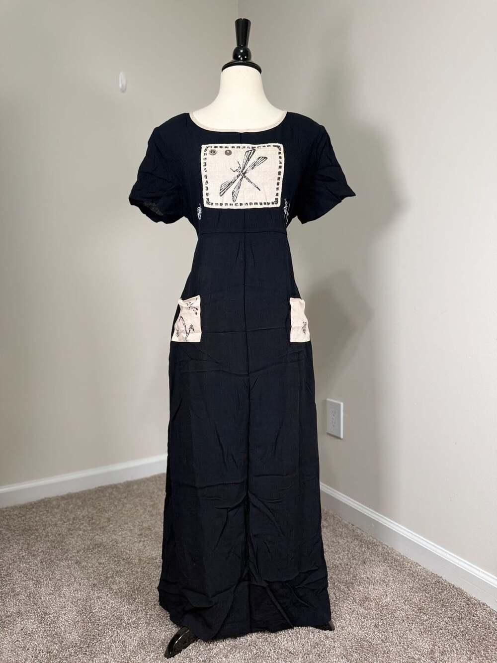 Vintage Dress Barn Black Maxi Dress with Dragonfly Patch Cottagecore Whimsical